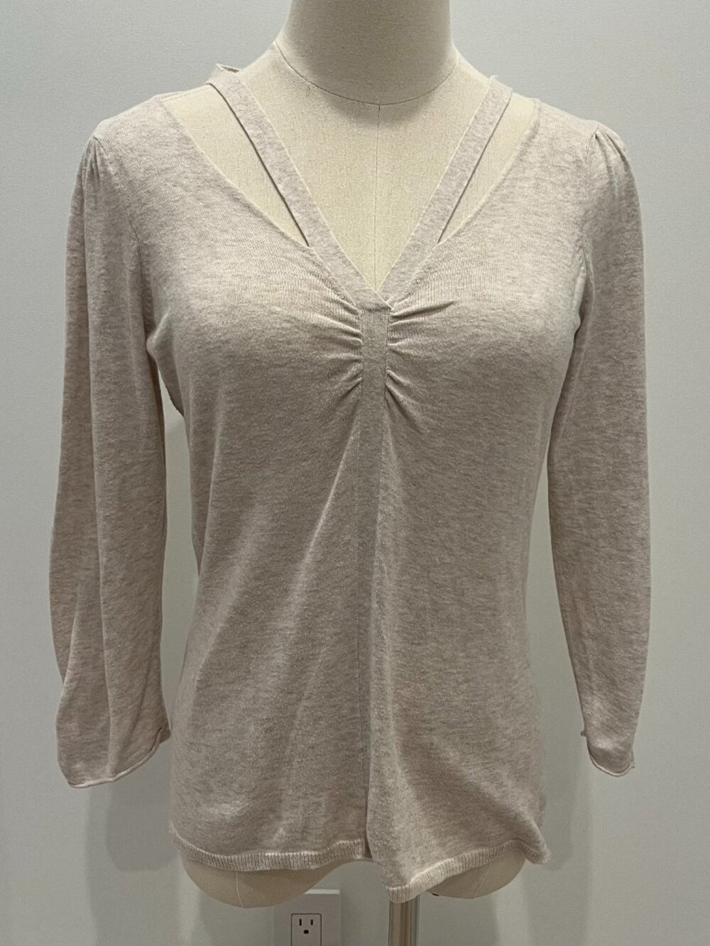 Margaret O'Leary Heathered Beige Cotton Sweater w/ Strappy V-Neck Size Small
